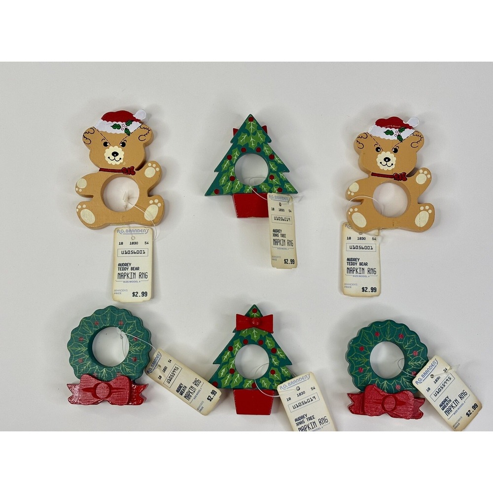 Vintage Wooden Teddy Bear Christmas Tree & Wreath Napkins Holders w/Tags